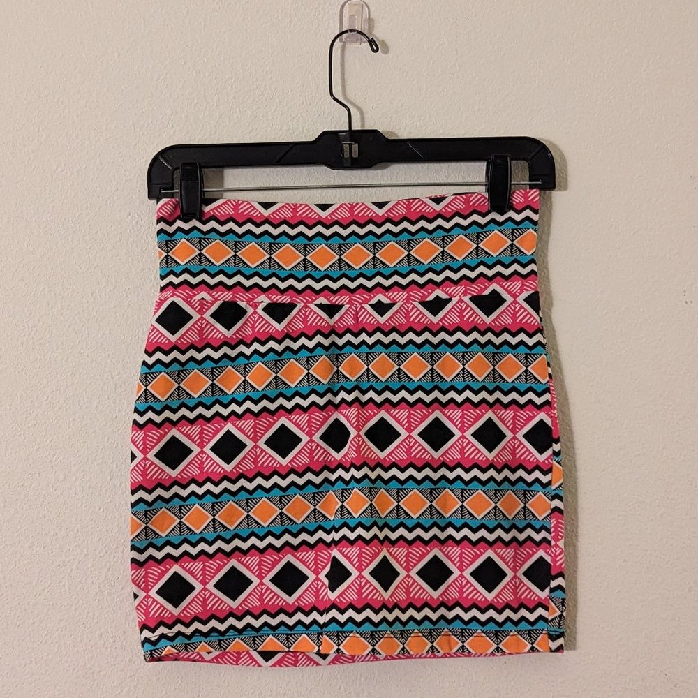 Charlotte Russe Pink Tribal Pattern Mini Pencil Skirt, Medium, Elastic Waistband